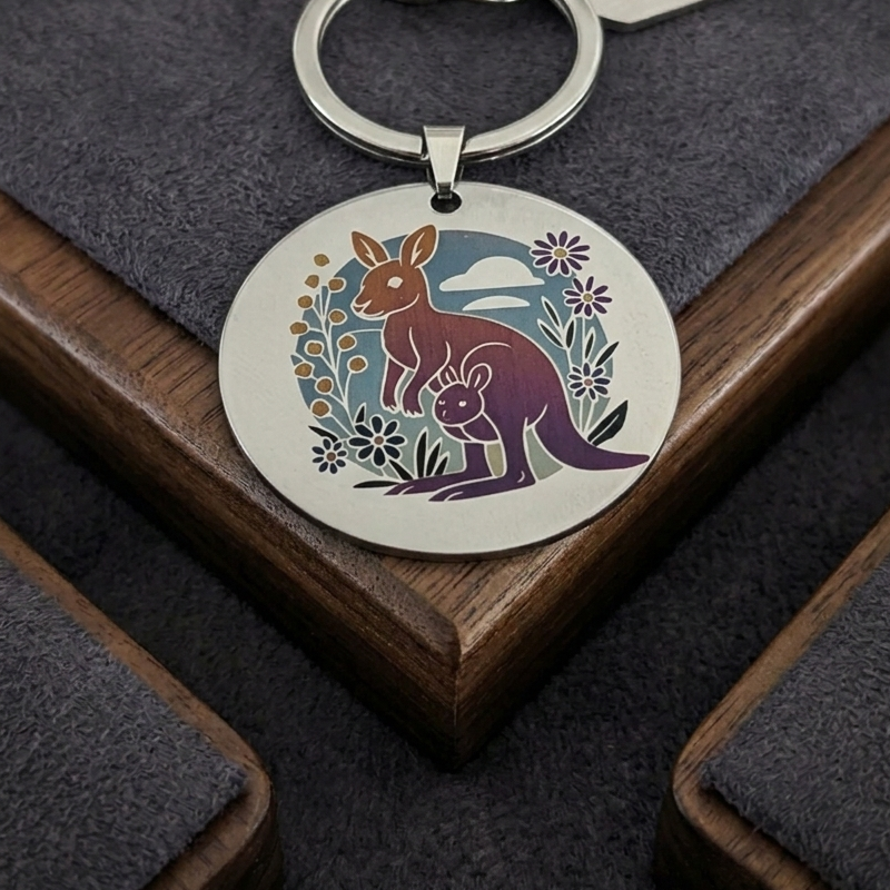 Stainless Steel Kangaroo Keychain - Handcrafted Wood Product