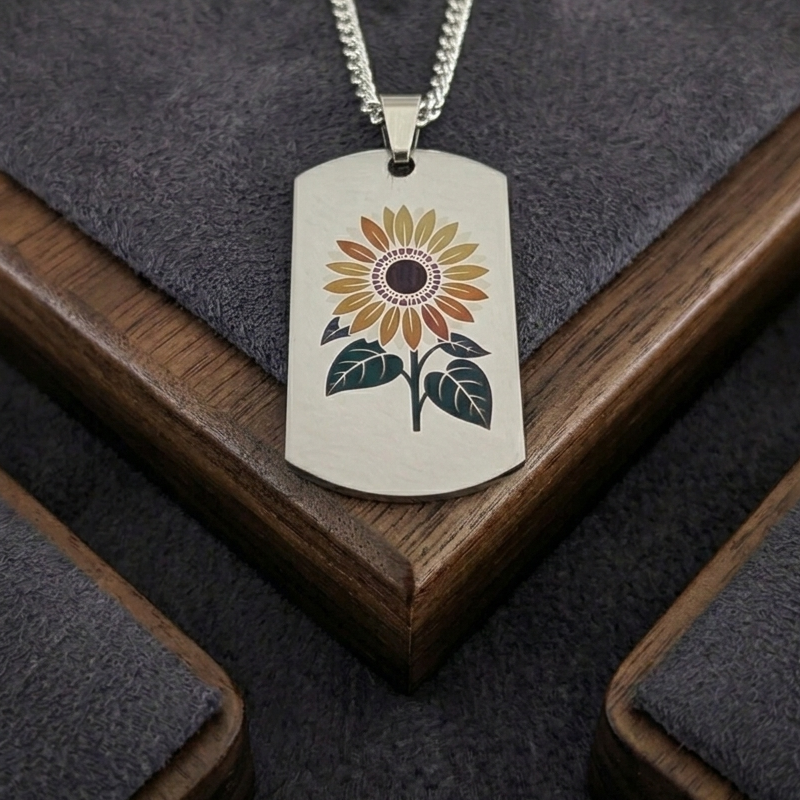 Stainless Steel Sunflower Pendant - Handcrafted Wood Product